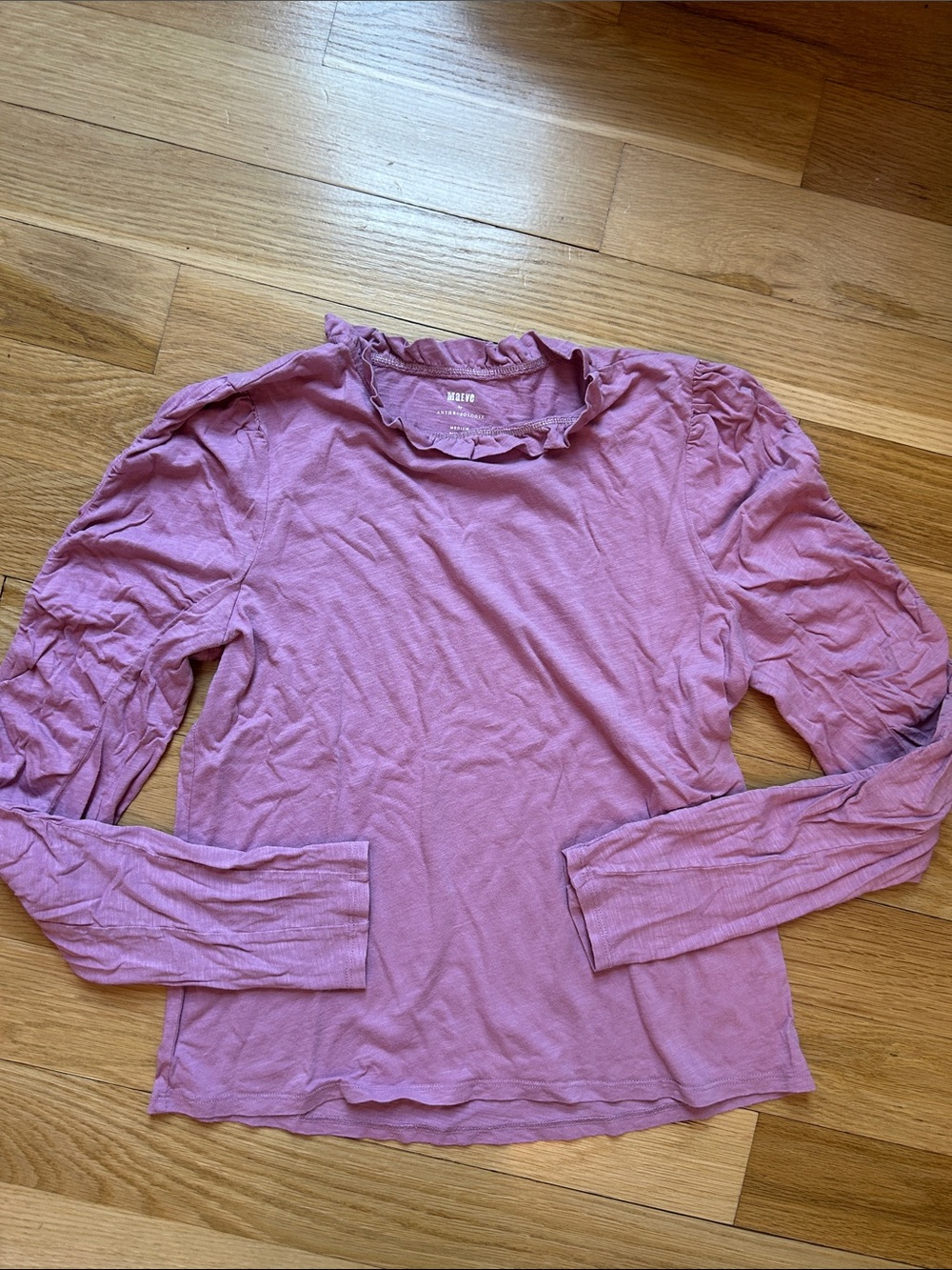 Anthropologie Mauve Ruffle Neck Long Sleeve Tee